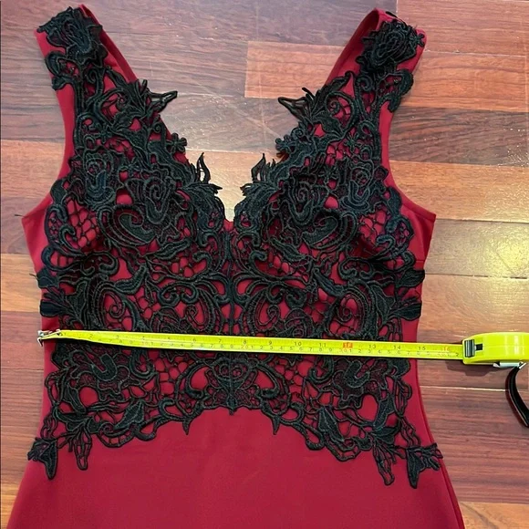 Womens 10 Lipsy Deep Red Dress with Black Lace Overlay Double V Neck - Picture 6 of 12